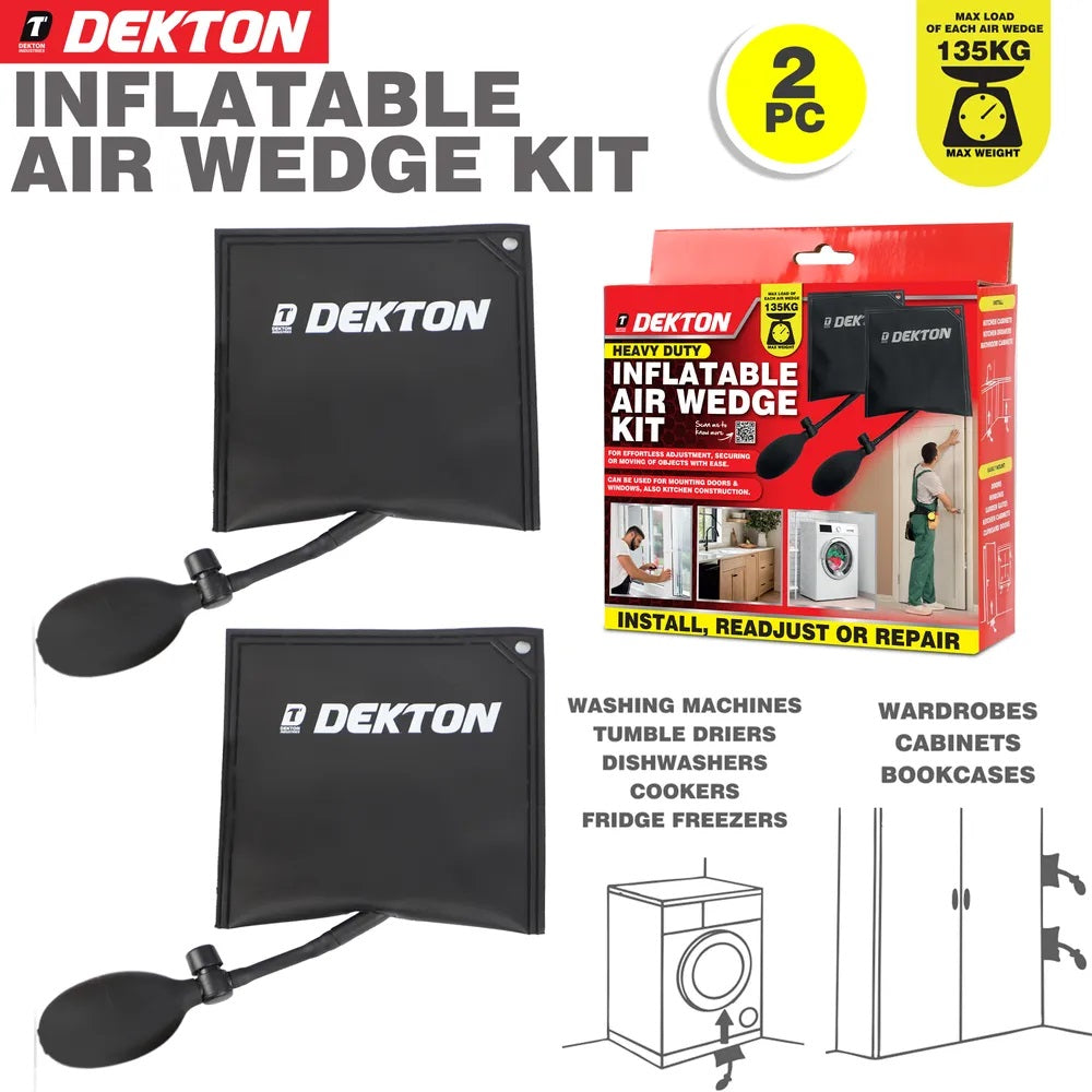 Dekton Heavy Duty Inflatable Air Wedge Kit Black Pack of 2 DT70608 | 135kg Capacity Pump Bags | Window Door Frame Leveling Cushions | Alignment and Lifting Hand Tools