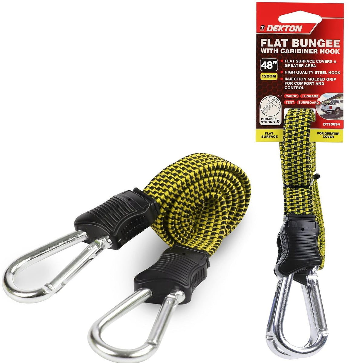 Dekton Flat Bungee Cord with Carabiner Hook Multicolour 48-Inch DT70694 | Durable and Strong Elastic Tie-Down Strap | Steel Clips for Cargo-Luggage-Camping-Surfboard