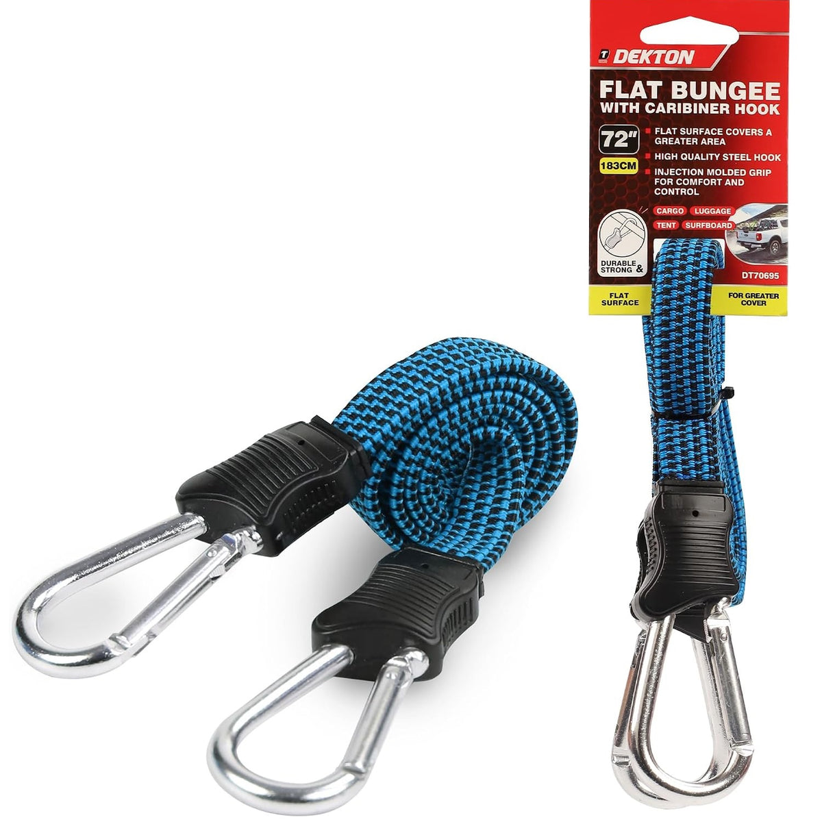 Dekton Flat Bungee Cord with Carabiner Hook Multicolour 72-Inch DT70695 | Durable and Strong Elastic Tie-Down Strap | Steel Clips for Cargo-Luggage-Camping-Surfboard