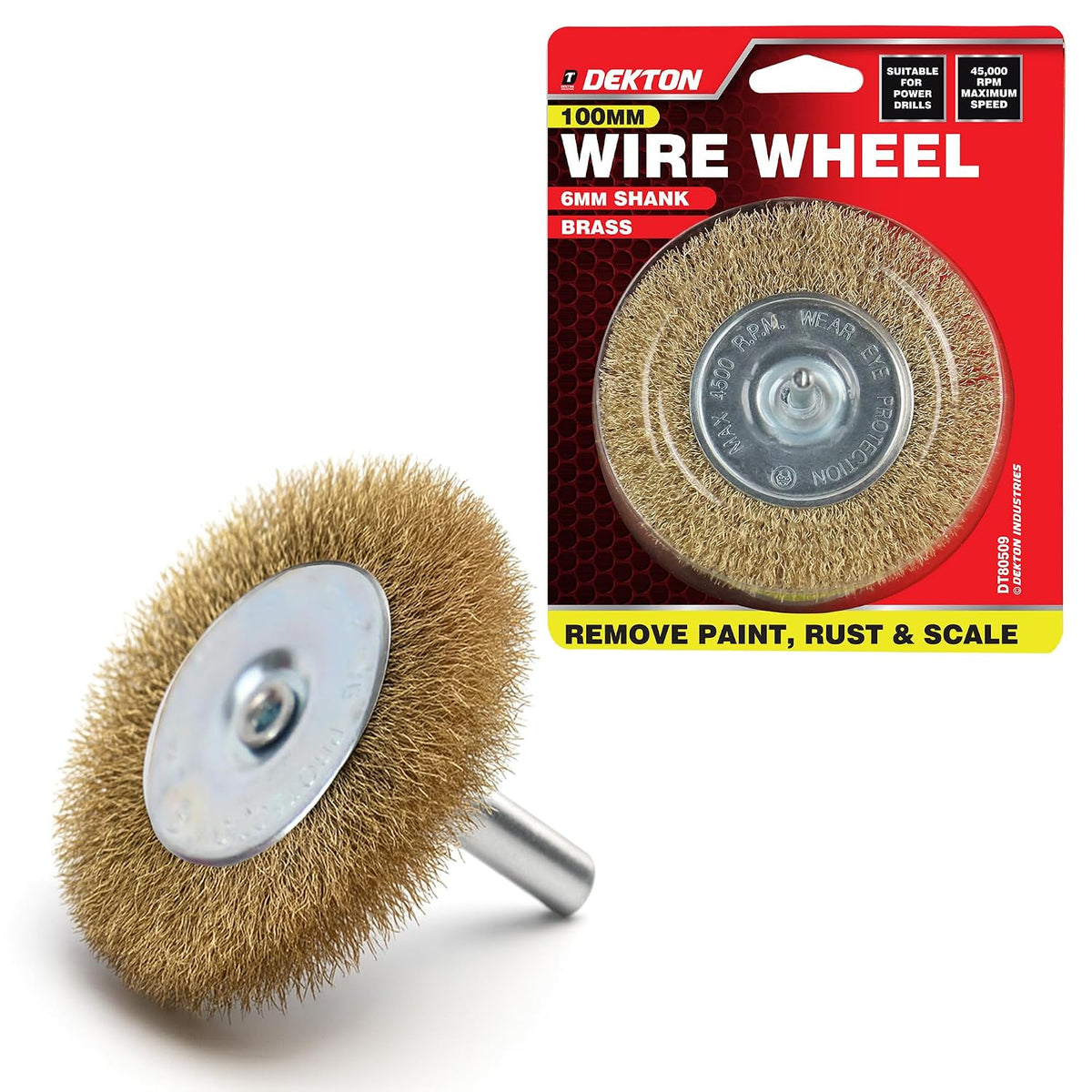 Dekton Wire Wheel Brush Brass Plated 100mm DT80509 | 6mm Shank Power Drill Attachment | Remove Paint-Rust and Scale | Ideal for Hard to Reach Places | Suitable for Power Drills | 4500 RPM Maximum Speed