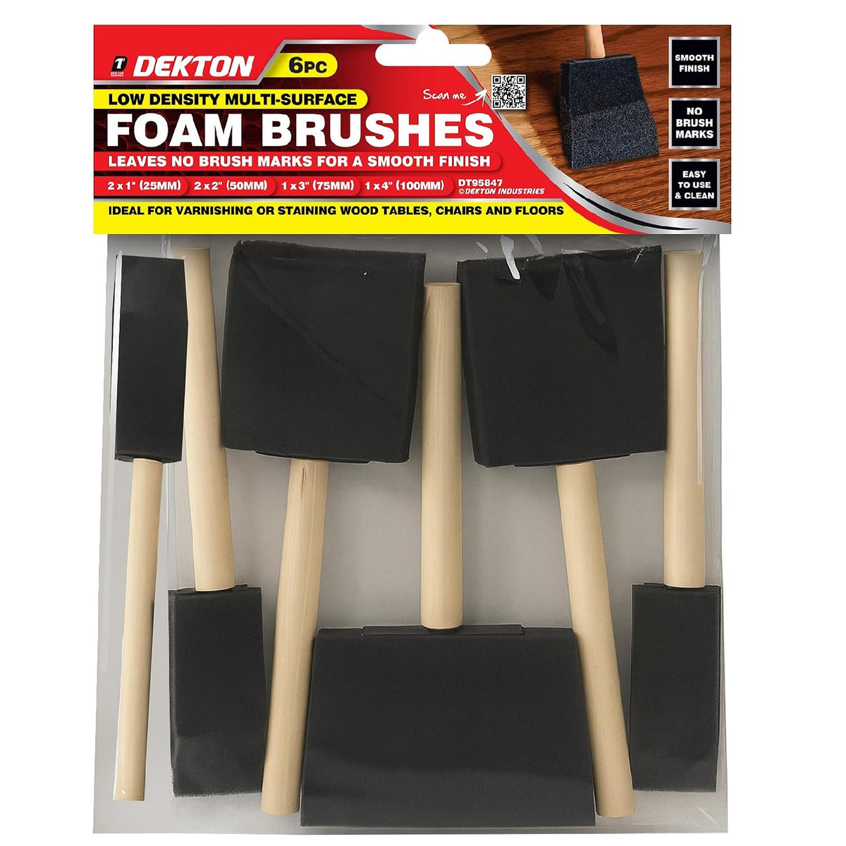 Dekton Low Density Multi-Surface Foam Brushes Set Black Pack of 6 DT95847 | 2x25mm-2x50mm-1x75mm-1x100mm | Leaves No Brush Marks for a Smooth Finish | Ideal for Varnishing or Staining Wood Tables-Chairs and Floors | Easy to Use and Clean