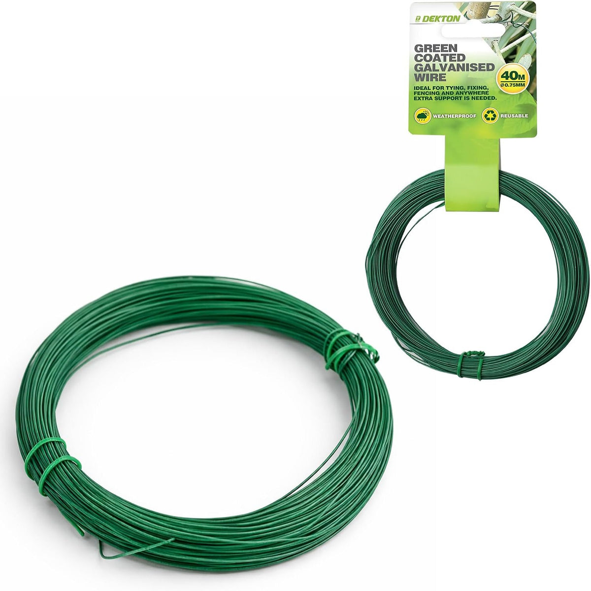 Dekton Coated Galvanised Wire Green 40Mtr x 0.75mm DTG2055 | Ideal for Tying-Fixing and Fencing | Rust and Corrosion Proof | Extra Resistance to Tension and Pressure | Easy to Cut to Any Length | Weatherproof and Reusable