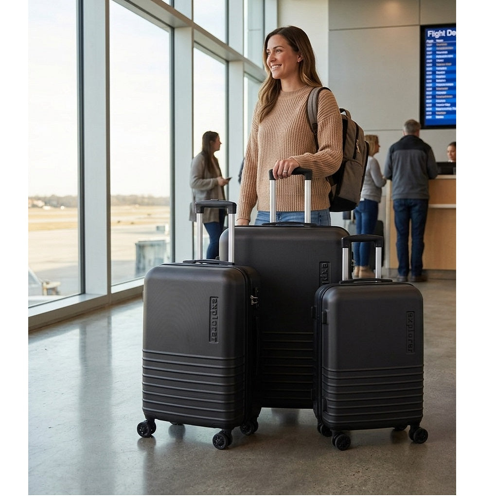 Proworld Explorer Trolley Suitcase Set Dark Grey Assorted Sizes 52cm-61cm-71cm Pack of 3 DG4700100 | Lightweight Hard Shell Luggage Set with Combination Lock | 360 Degree Spin Wheels for Travel-Holiday-Trips | Telescopic Handle and 39Ltr-60Ltr-92Ltr