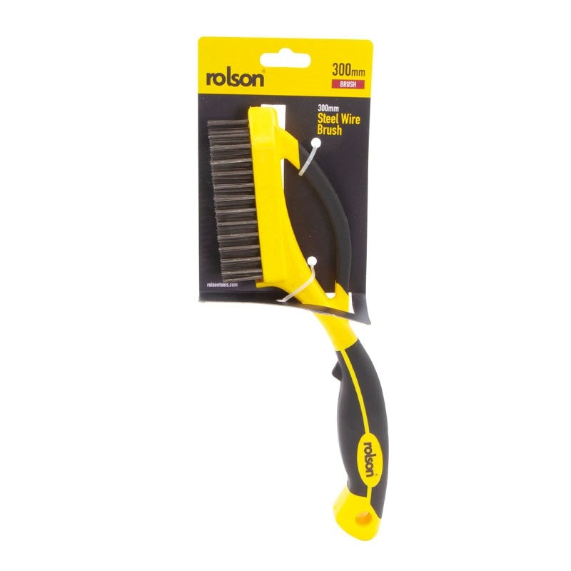 Rolson Steel Wire Brush Yellow and Black 300mm 42838 | 23mm Length Steel Bristles | Durable Rubber Coated Soft Handle | Rust and Paint Removal Brush