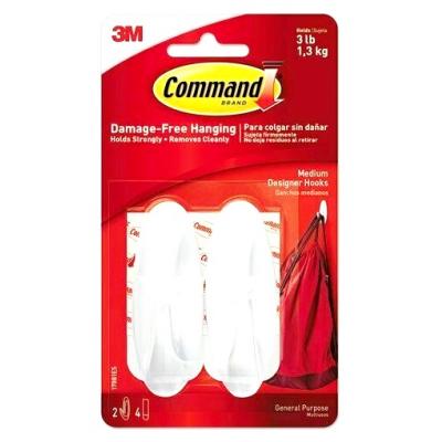 Command White Medium Self Adhesive Damage-Free Water-Resistant Dishwasher Safe Hanging Designer Hooks and Strips Holds 1.3Kg / 3lb 17081ES
