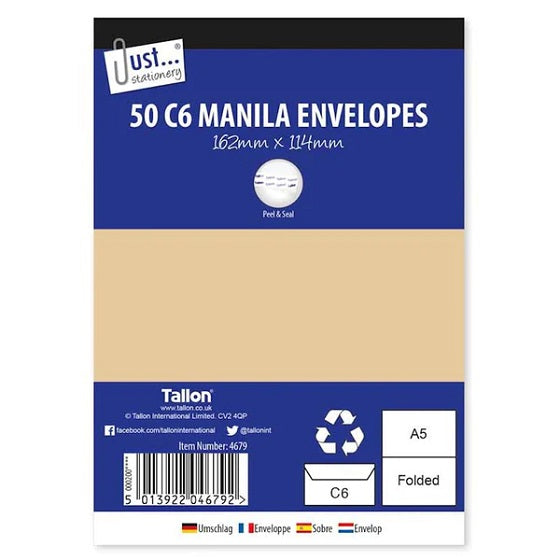 Tallon Just Stationery Peel and Seal C6 Manila Envelopes Light Brown 162mm x 114mm Pack of 50-Pcs 4679 48