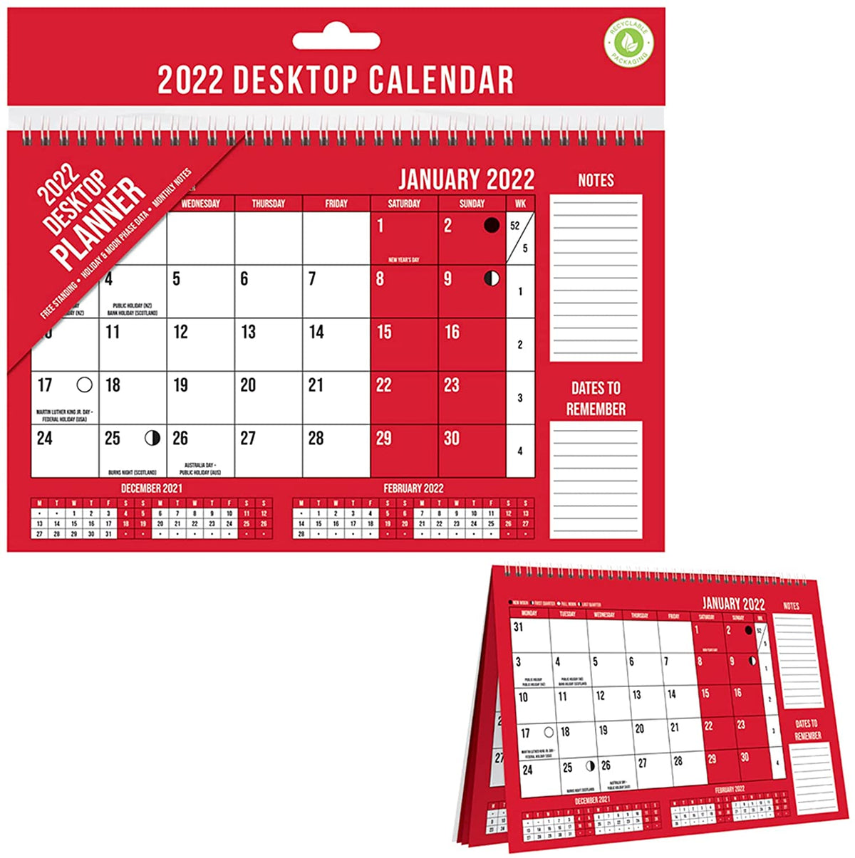 Design Group Free Standing Desktop Planner Month to View Spiral Bound Calendar-2022 Red YEC22