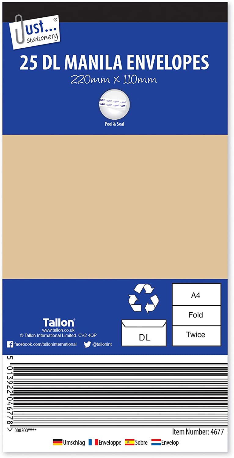Tallon Just Stationery DL Peel and Seal Manila Envelopes Brown 25-Piece 4677