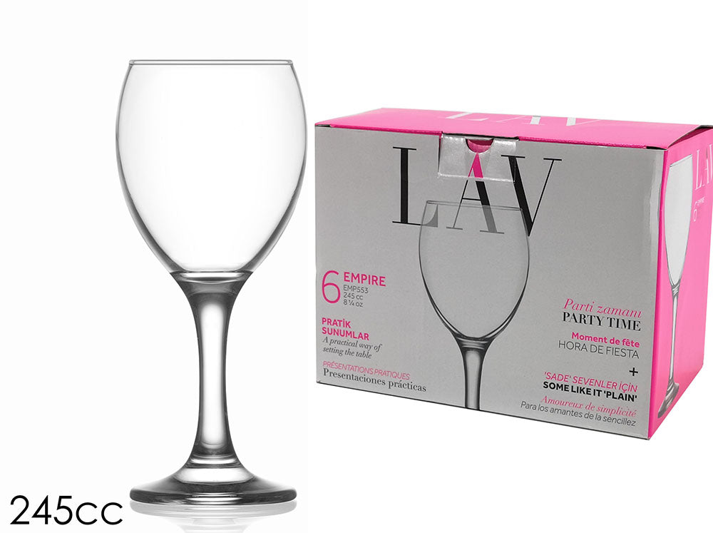 Lav Empire Collection Party Time Wine Glasses Set Clear 245cc 8.25oz Pack of 6-Pcs EMP553