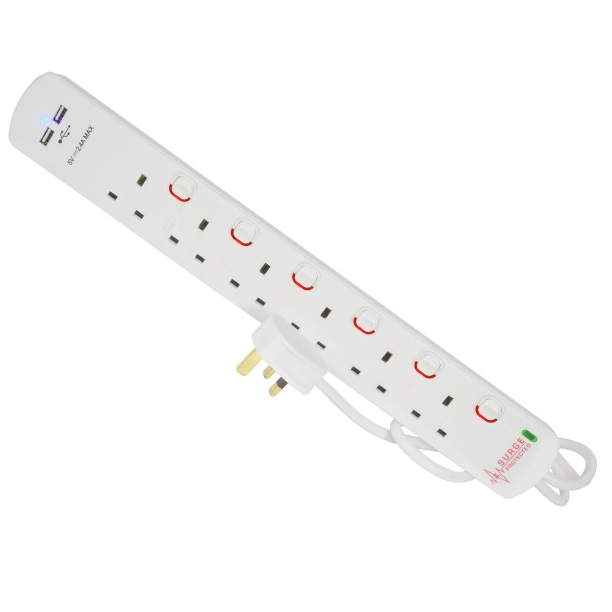Daewoo Electricals 2 USB Ports Surge Protected 6 Gang Extension Board with 2Mtr Lead White  13A 250V AC EXT1119