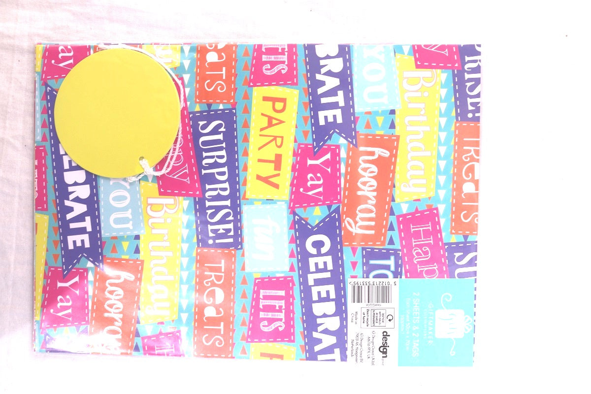 Design Group Bright Text ED Wrap Multicolour 2 Sheet and 2 Tags YAMGS20K