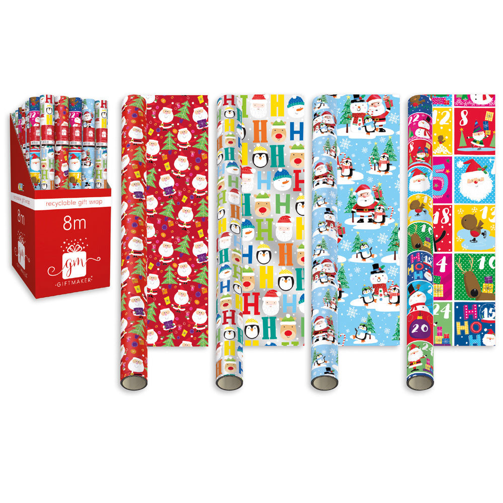 Design Group Christmas Gift Wrapping Paper Rolls Multicoloured 8Mtr Pack of 1 XALGW126 | Assorted Festive Designs | Santa Snowman Reindeer Prints | Recyclable Gift Wrap