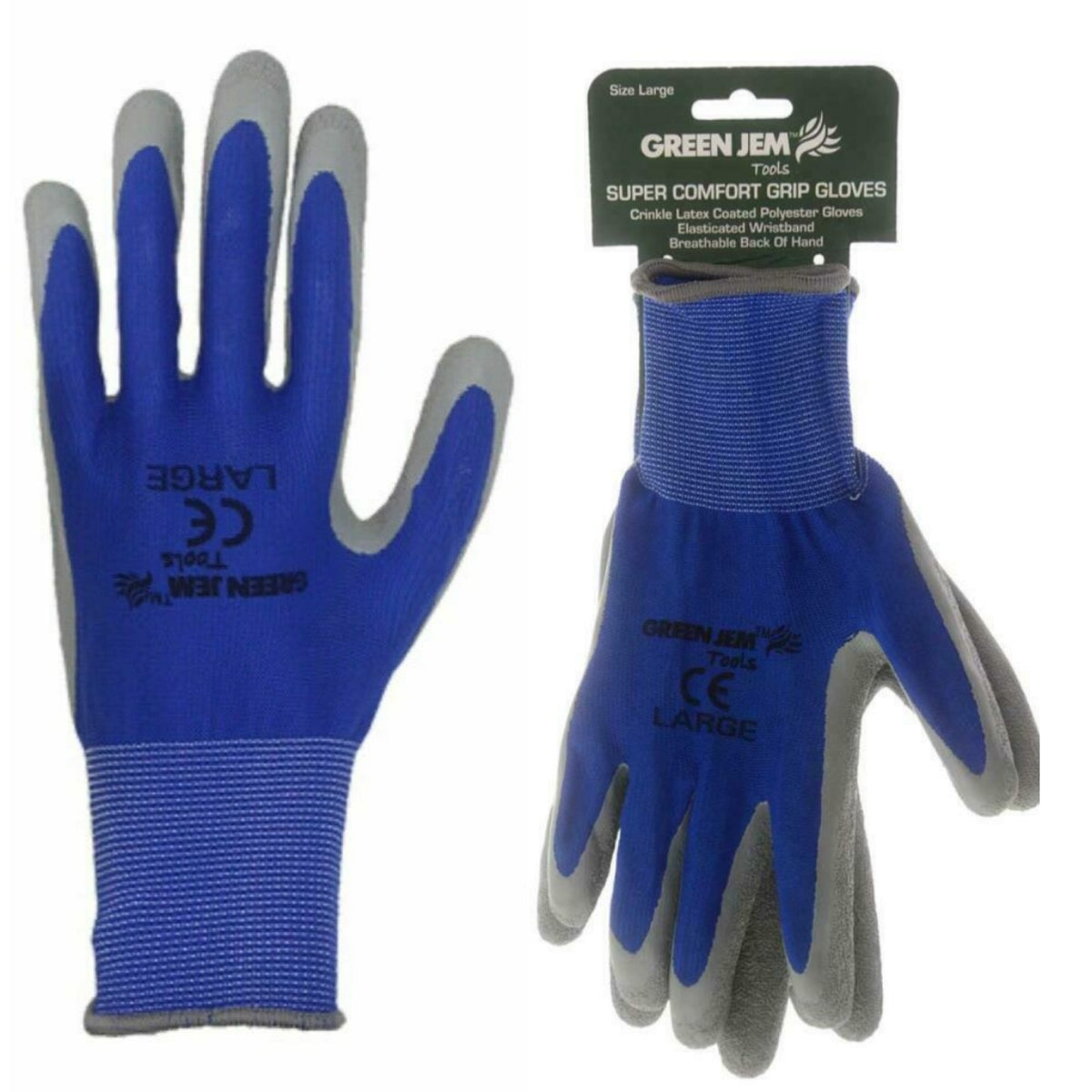 Green Jem Large Super Comfort Grip Gloves Blue and Grey Pack of 2 GLSCL | Crinkle Latex Coated Work Gloves | Breathable Polyester with Elasticated Wristband | Ideal for Gardening-DIY and General Use