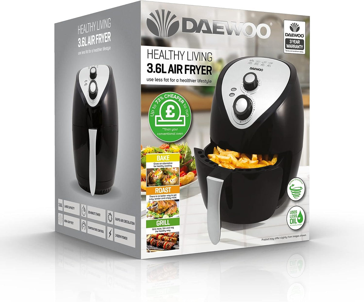 Daewoo Manual Healthy Living Air Fryer With Rapid Air Circulation 3.6L 1400W Black, Oil Free, Healthy Living With Less Oil To Bake, Roast And Grill, Pre-Set Guide, 80-200 Degrees Celsius Temperature, 30 Minutes Timer, Stylish Design, Saves You Time In The Kitchen SDA1553