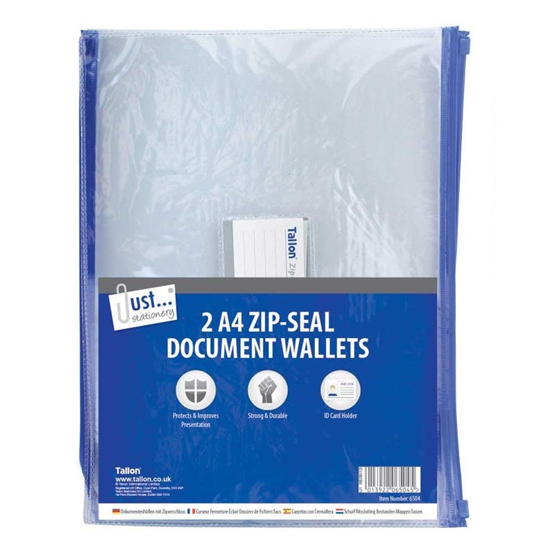 Tallon Just Stationery A4 Zip-Seal Document Wallets Clear Pack of 2 6504 | Protects and Improves Presentation | Strong and Durable | ID Card Holder