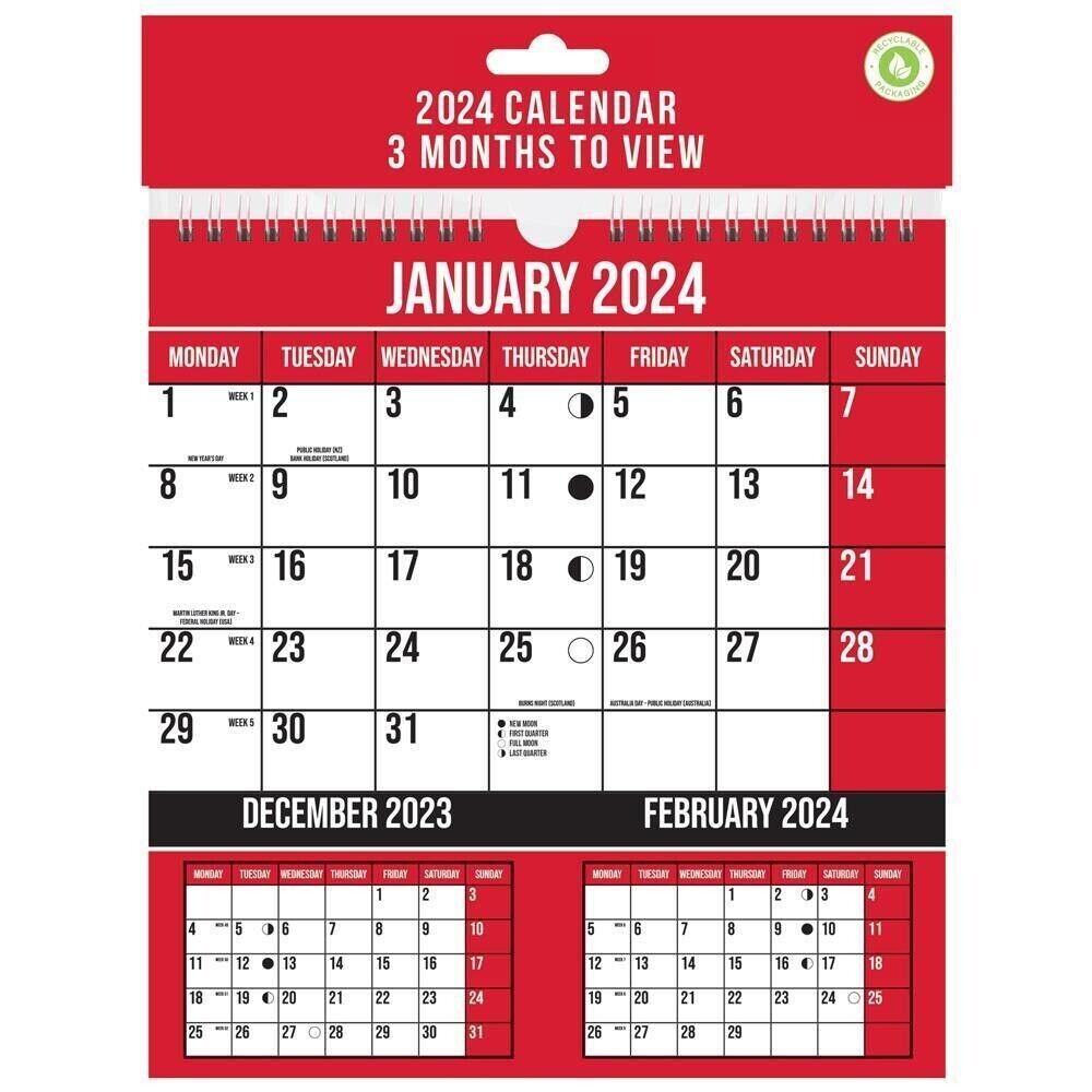 Design Group 3 Month to View 2024 Wall Calendar Multicolour 230mm x 248mm YEB24 | 3 Months Per Page | Complete 12 Months Calendar on Reverse | Full Lunar Calendar
