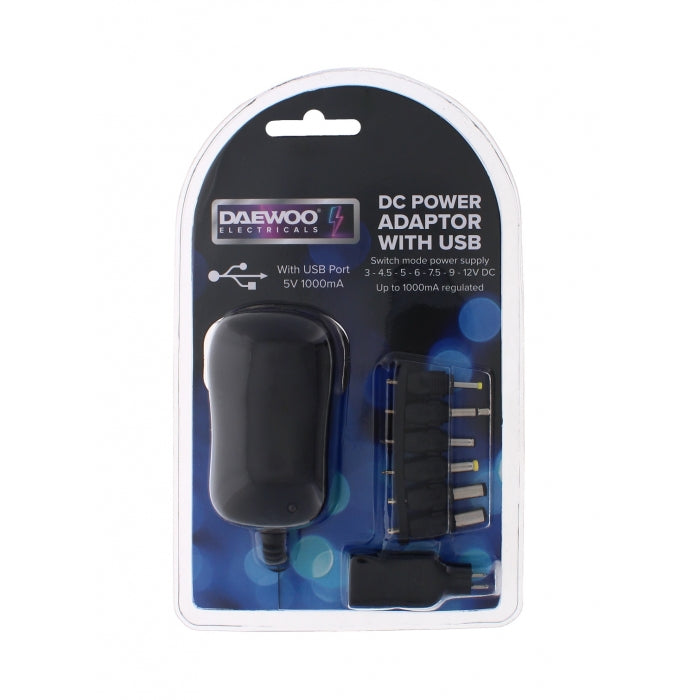 Daewoo Electricals DC Power Adapter with USB Black ELA1135 | USB Port 5V 1000mA | Switch Mode Power Supply 3 - 4.5 - 5 - 6 - 7.5 - 9 - 12V DC | Upto 1000mA Regulated