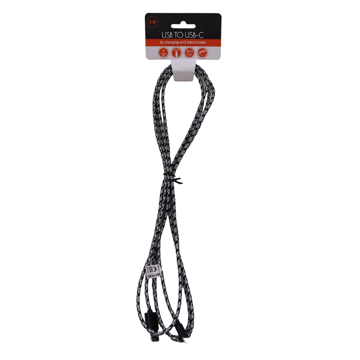 USB To USB-C Charging and Data Transfer Cable Silver and Black 3Mtr Current-2A 109-500610 | USB 2.0 - 480Mbps | Durable Braided Cable