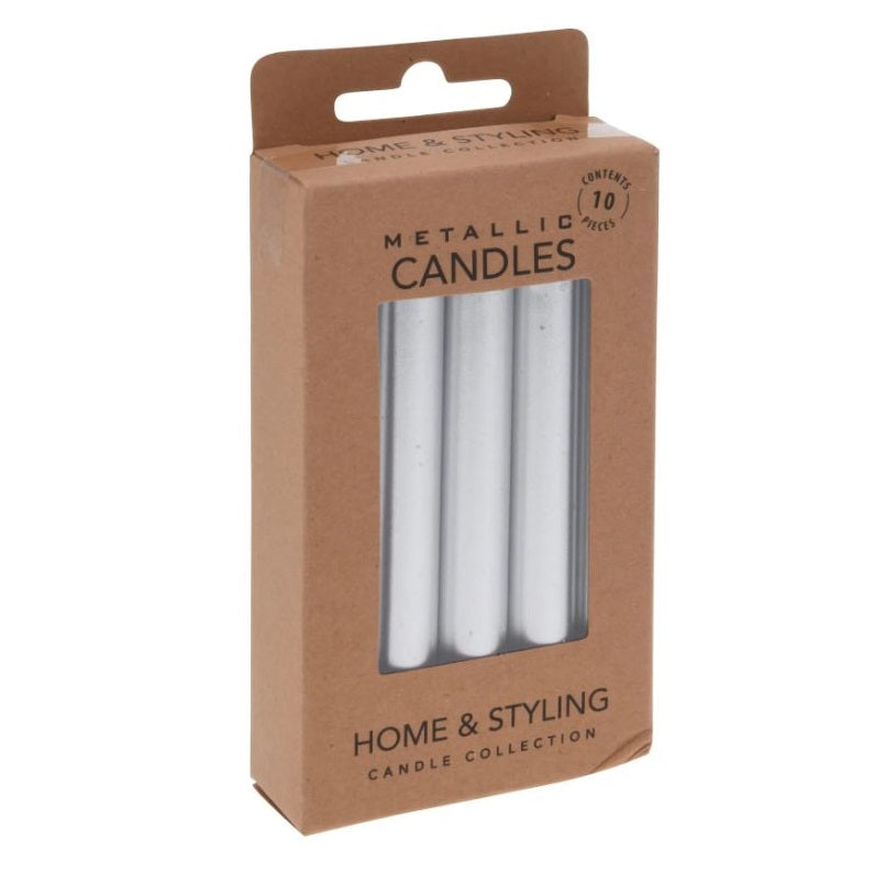 Home and Styling Mini Metallic Candles Silver 10cm Pack of 10 090777