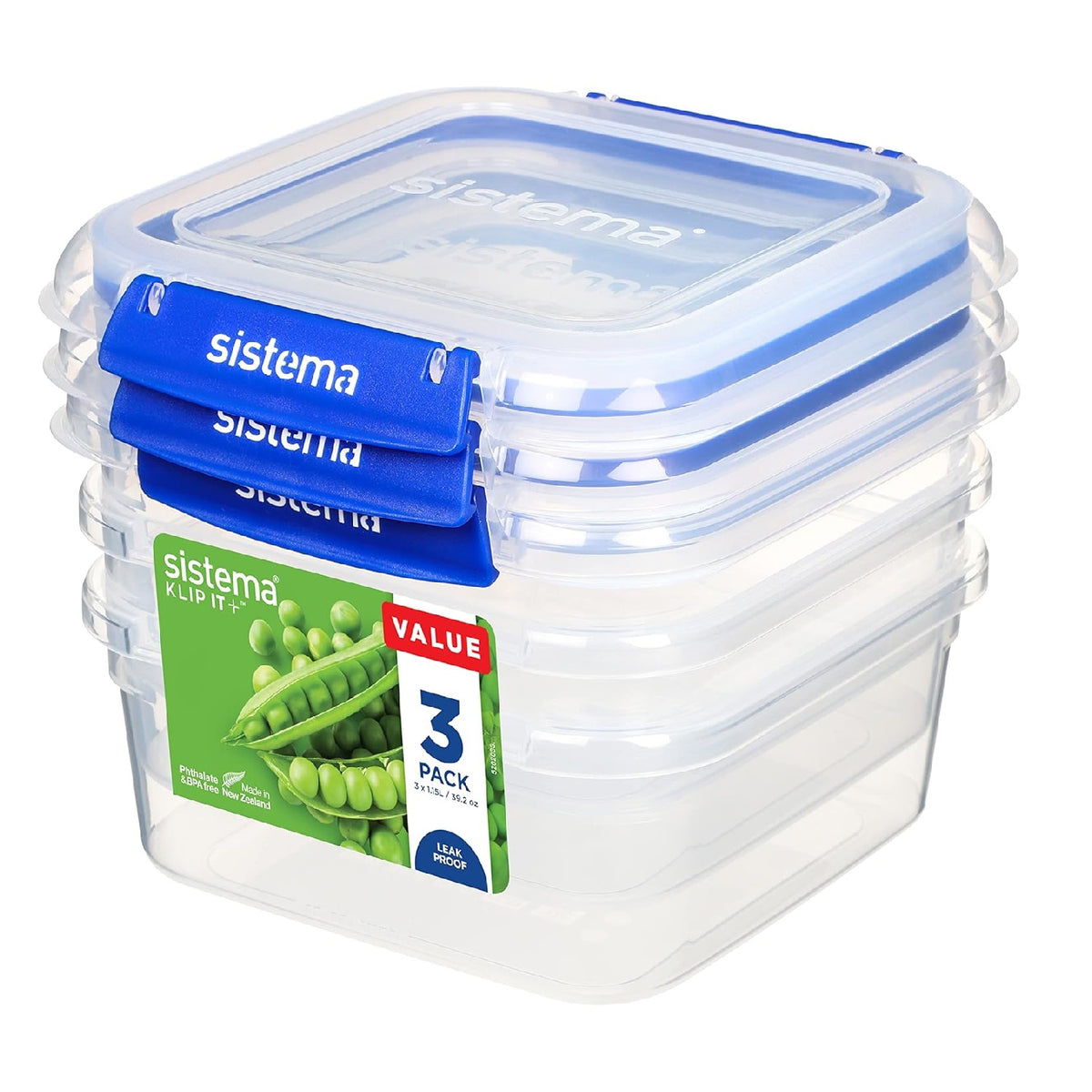 sistema-square-klip-it-plus-food-storage-containers-clear-1.15ltr---39.2oz-pack-of-3-881630--leak-proof-phthalate-free--bpa-free