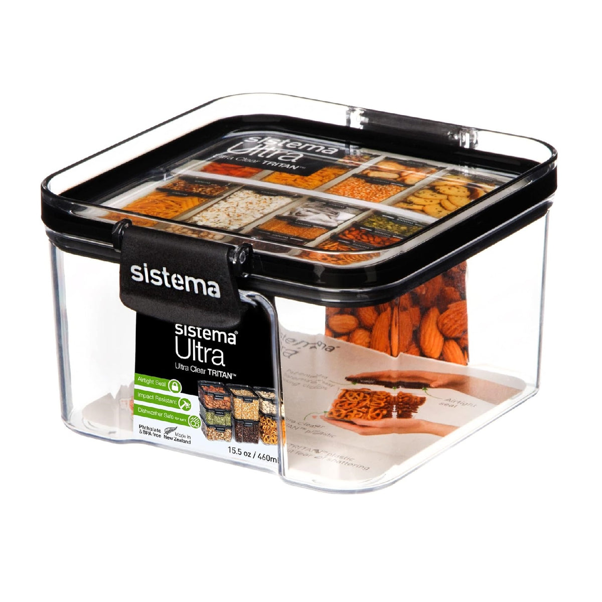 Sistema Tritan Ultra Square Food Storage Container Clear Black 460ml-15.5oz SI51400 | High Quality | Ultra Clear | Glass-Like Clarity | Airtight Seal | Impact Resistant | Dishwasher Safe | Phthalate and BPA Free