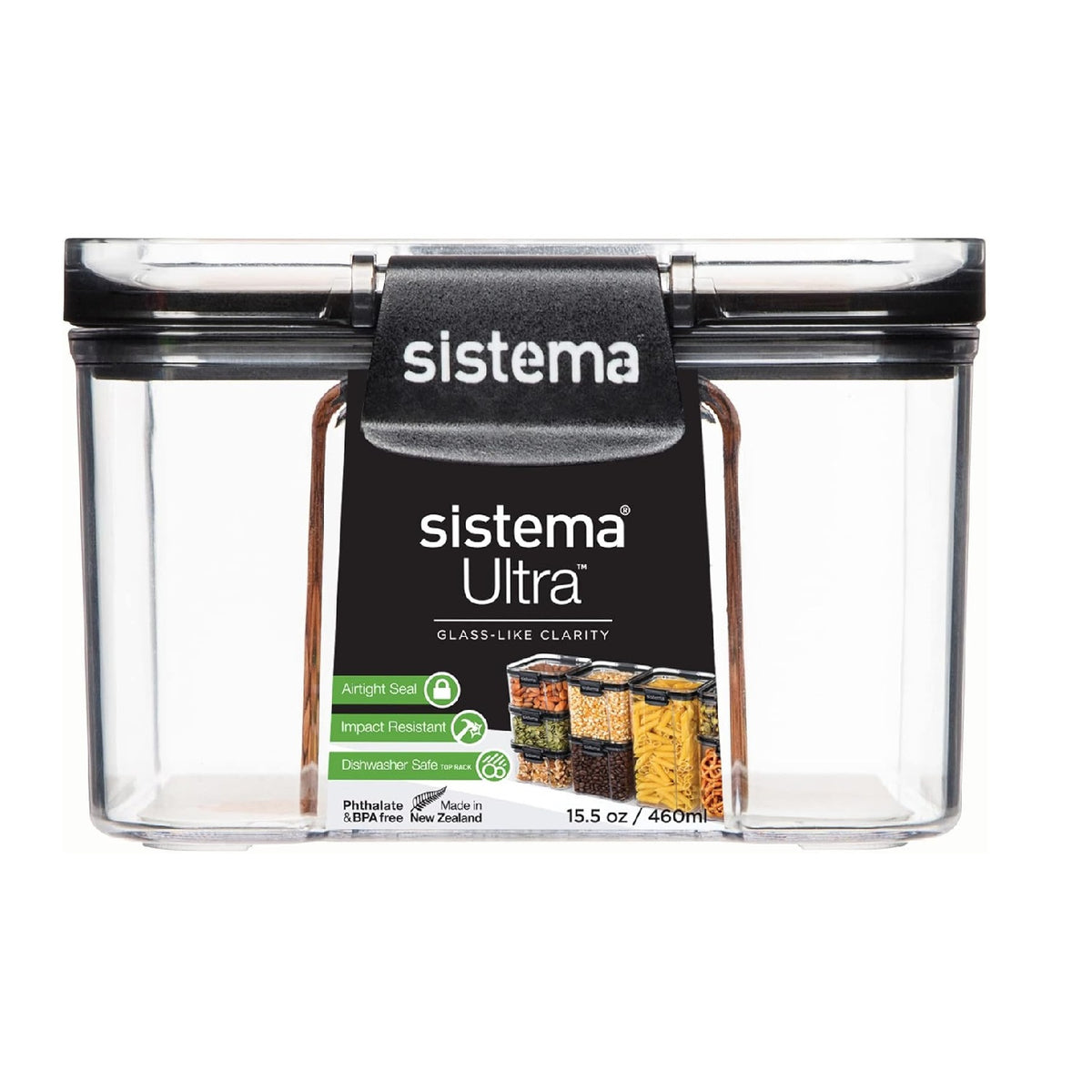 Sistema Tritan Ultra Square Food Storage Container Clear Black 460ml-15.5oz SI51400 | High Quality | Ultra Clear | Glass-Like Clarity | Airtight Seal | Impact Resistant | Dishwasher Safe | Phthalate and BPA Free