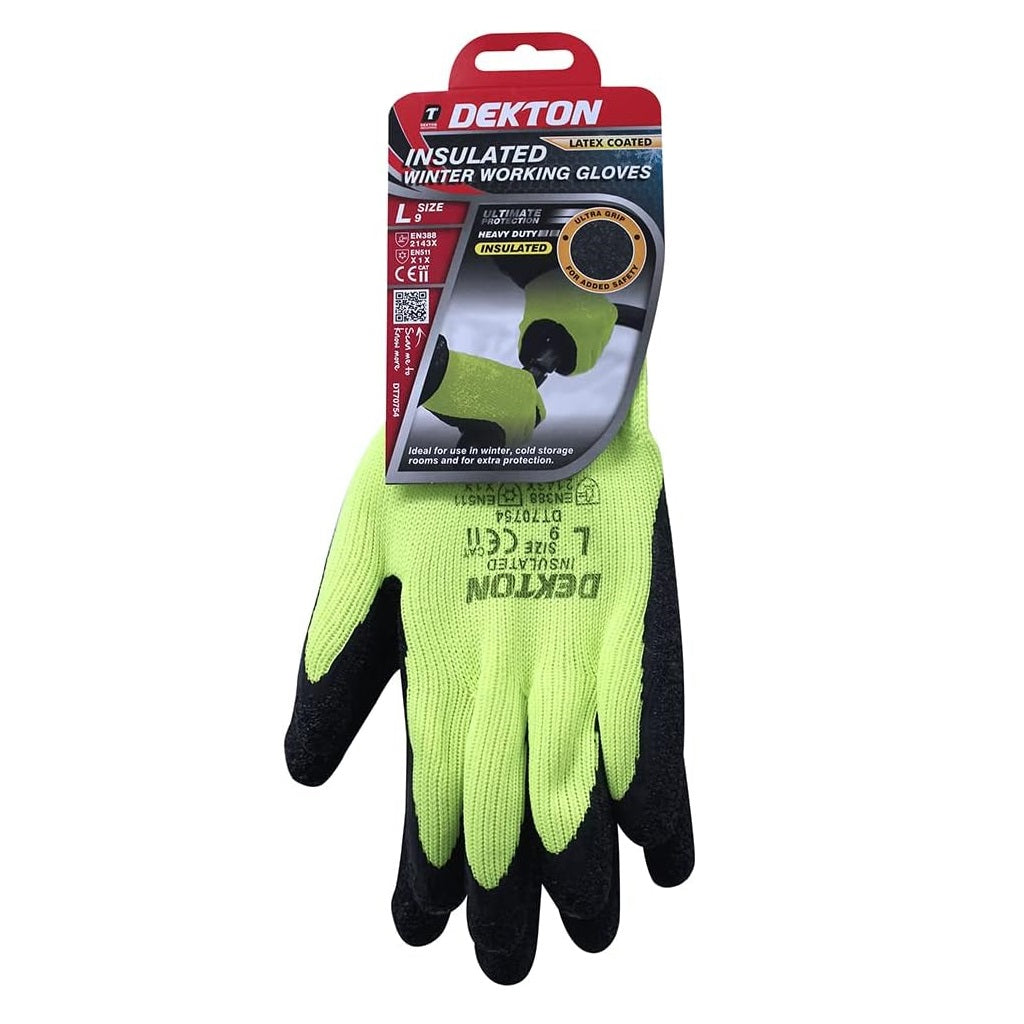 Dekton Insulated Winter Working Gloves Black and Green Size 9 DT70754 | Latex Coated | Ultimate Protection | Heavy Duty | Ideal for Use in Winter Cold Storage Rooms and for Extra Protection