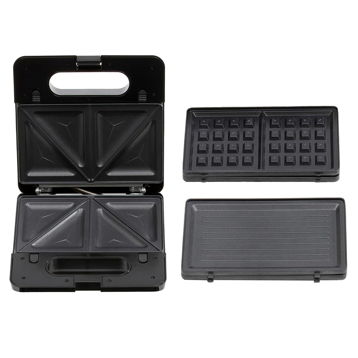 Daewoo 3-in-1 750W Snack Maker Black and Silver SDA1562 | Sandwich Waffle and Panini Maker | Interchangeable Plates | Non-Stick | Cool-Touch Housing | Power Lights