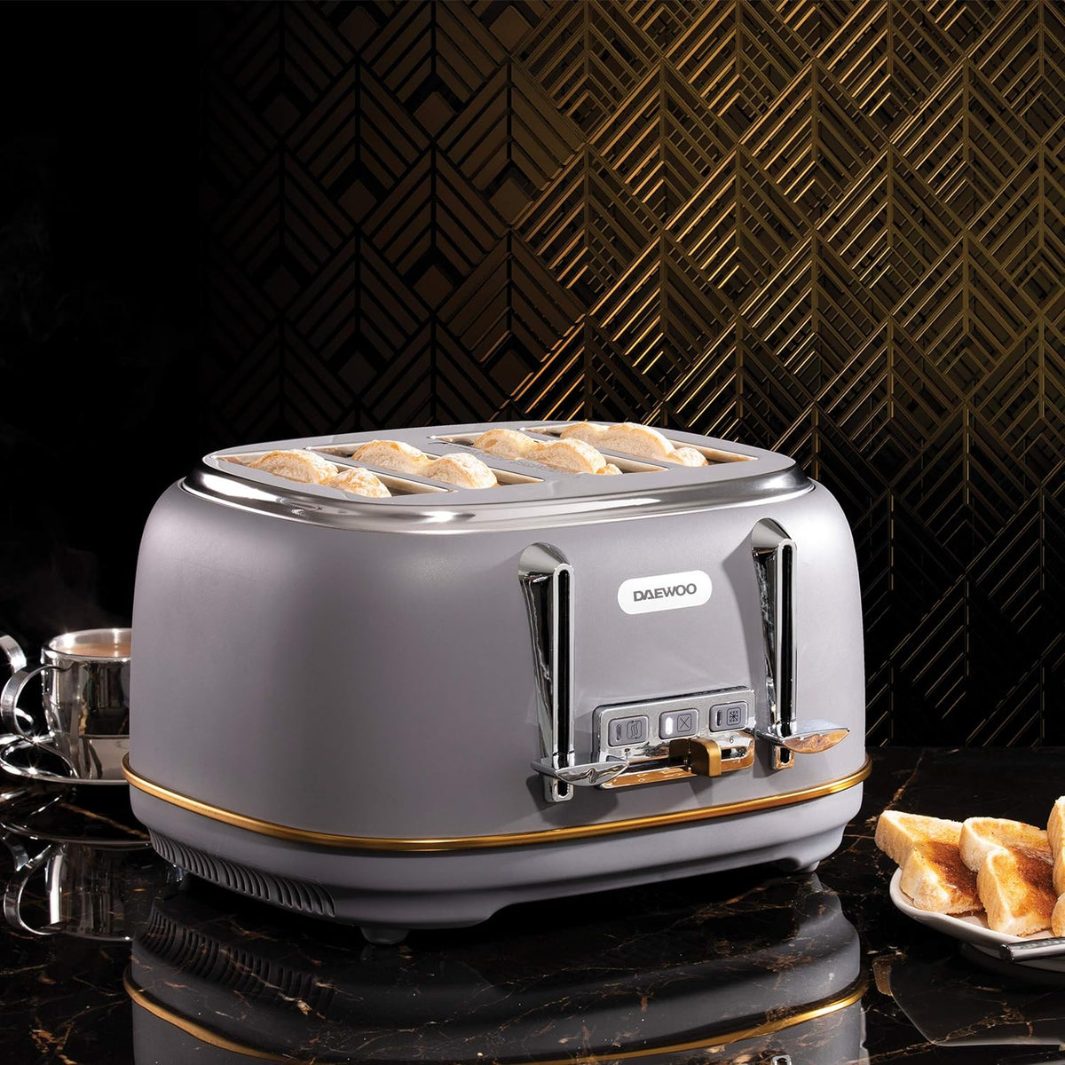 Daewoo Astoria 4 Slice Toaster with High Lift Levers and 6 Level Browning Control Grey SDA1818 | Defrost | Reheat | Cancel Function | Removable Crumb Tray | 1630W Power