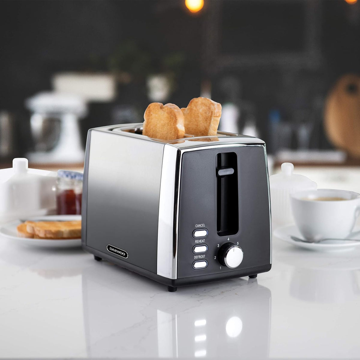 Daewoo Callisto Stainless Steel 2 Slice Toaster with Variable Browning Control Grey SDA1852 | Elegant Design | Defrost Reheat and Cancel Functions | Removable Crumb Tray