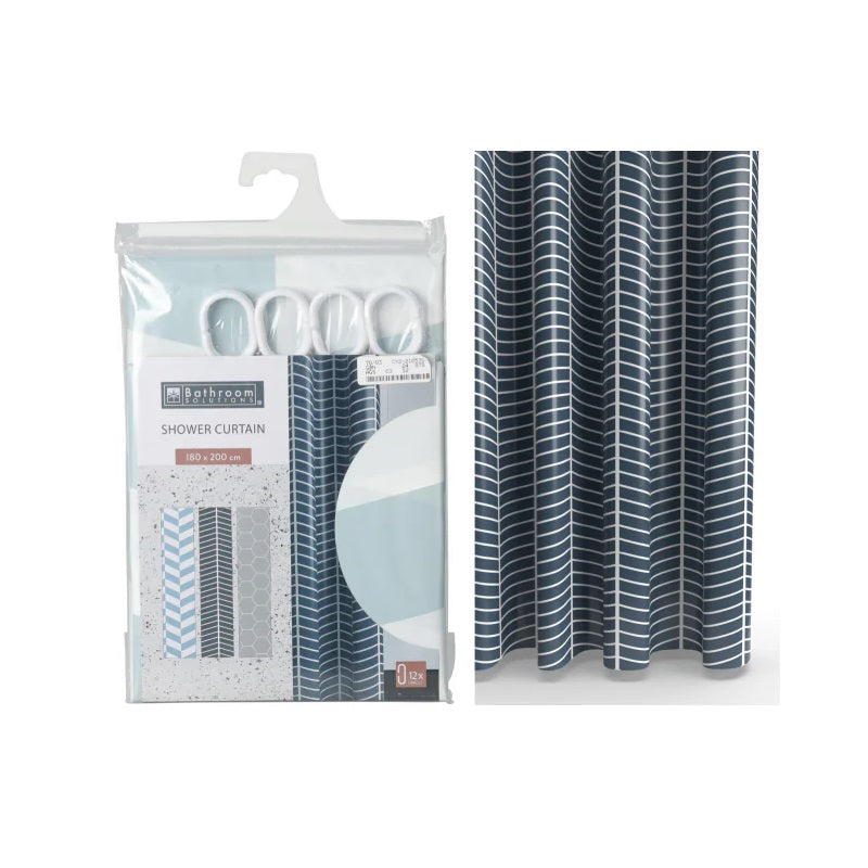 Bathroom Solutions Shower Curtain Assorted 180cm x 200cm 078321 | 12 Plastic Rings Included