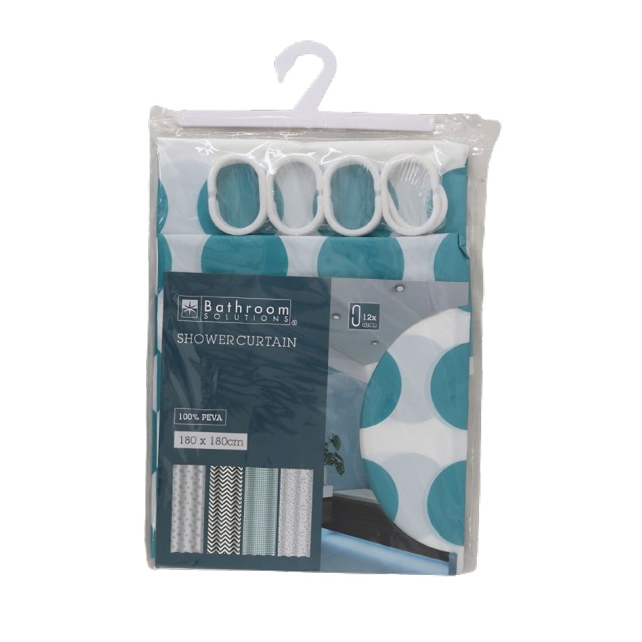 Bathroom Solutions Shower Curtain Assorted 180cm x 180cm 081259 | 12 Plastic Rings Included | 100 Percent PEVA