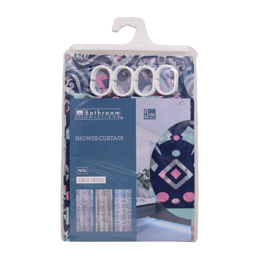 Bathroom Solutions Shower Curtain Assorted 180cm x 180cm 094708 | 12 Plastic Rings Included | PEVA
