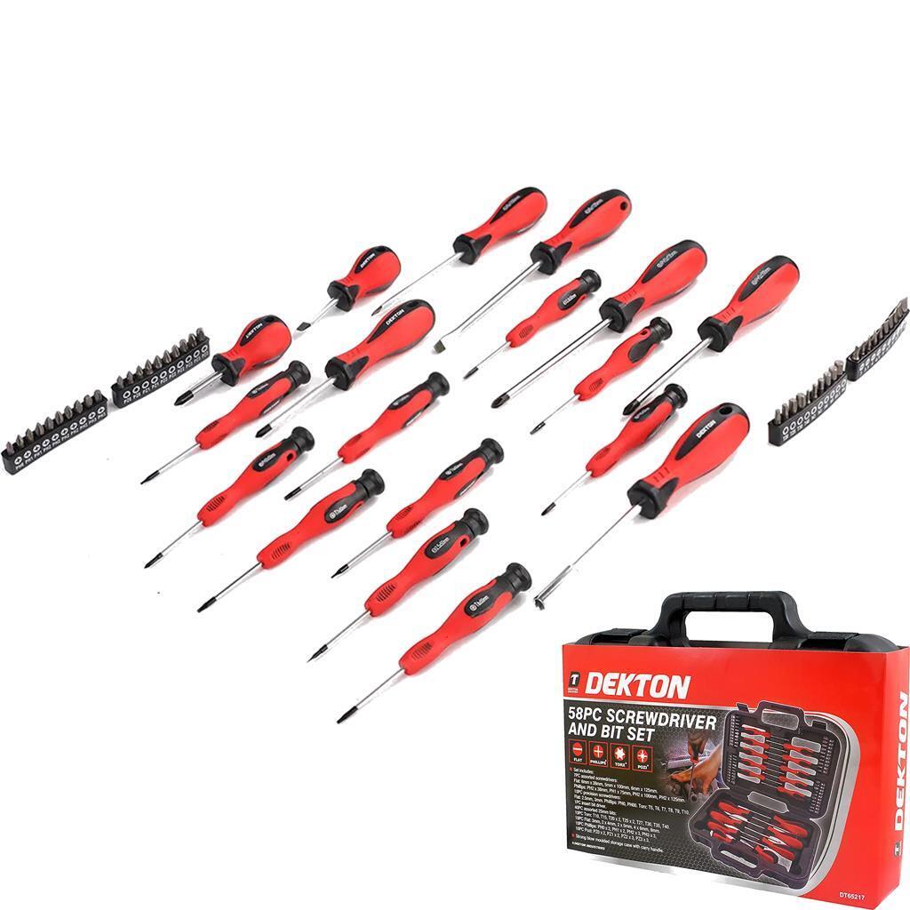 Dekton Heavy Duty Screwdriver and Bit Set in Storage Case Red and Black 58-Piece DT65217 | Flat | Pozi | Phillips | Torx | Hex | Magnetic | Strong Blow Moulded Storage Case with Carry Handle