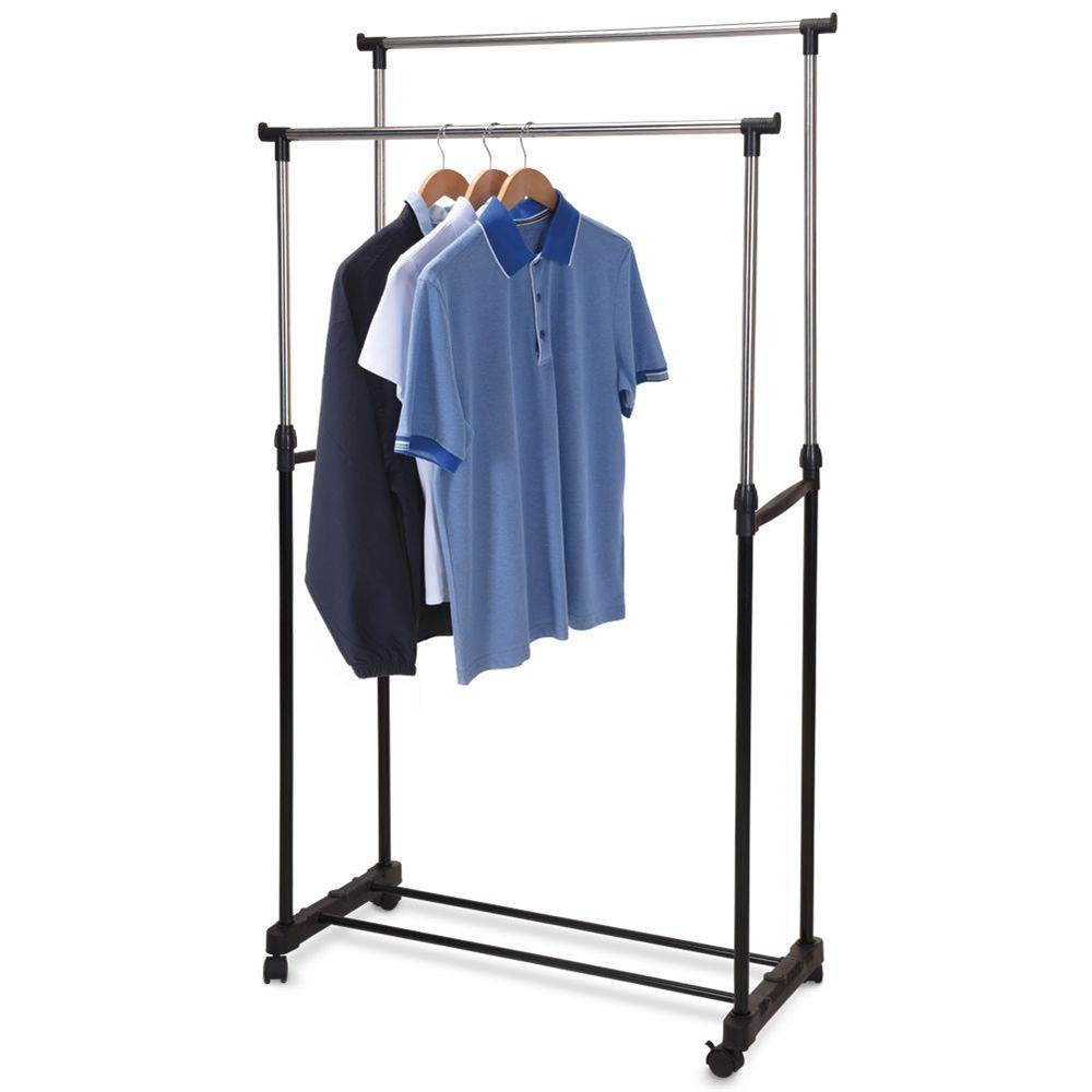 Storage Solutions Double Adjustable Clothing Rack Silver and Black 80cm x 42cm 097713 | Adjustable Height Upto 160cm