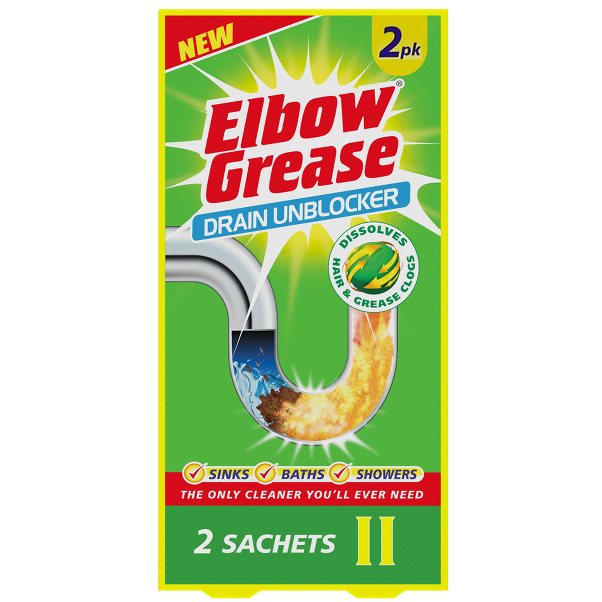 151 Elbow Grease Drain Unblocker Sachets Pack of 2 EG46A | Sinks | Baths | Showers | Dissolves Hair and Grease Clogs