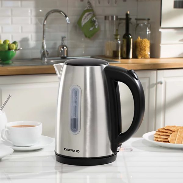 Daewoo Stainless Steel 3KW Rapid Boil Kettle Silver and Black 1.7Ltr SDA2544 | Power Indicator | Flip Up Lid | Removable Filter | Storage | 360 Degree Swivel Base | Auto Shut Off