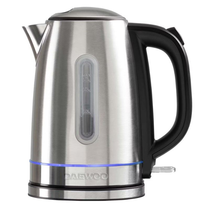 Daewoo Stainless Steel 3KW Rapid Boil Kettle Silver and Black 1.7Ltr SDA2544 | Power Indicator | Flip Up Lid | Removable Filter | Storage | 360 Degree Swivel Base | Auto Shut Off