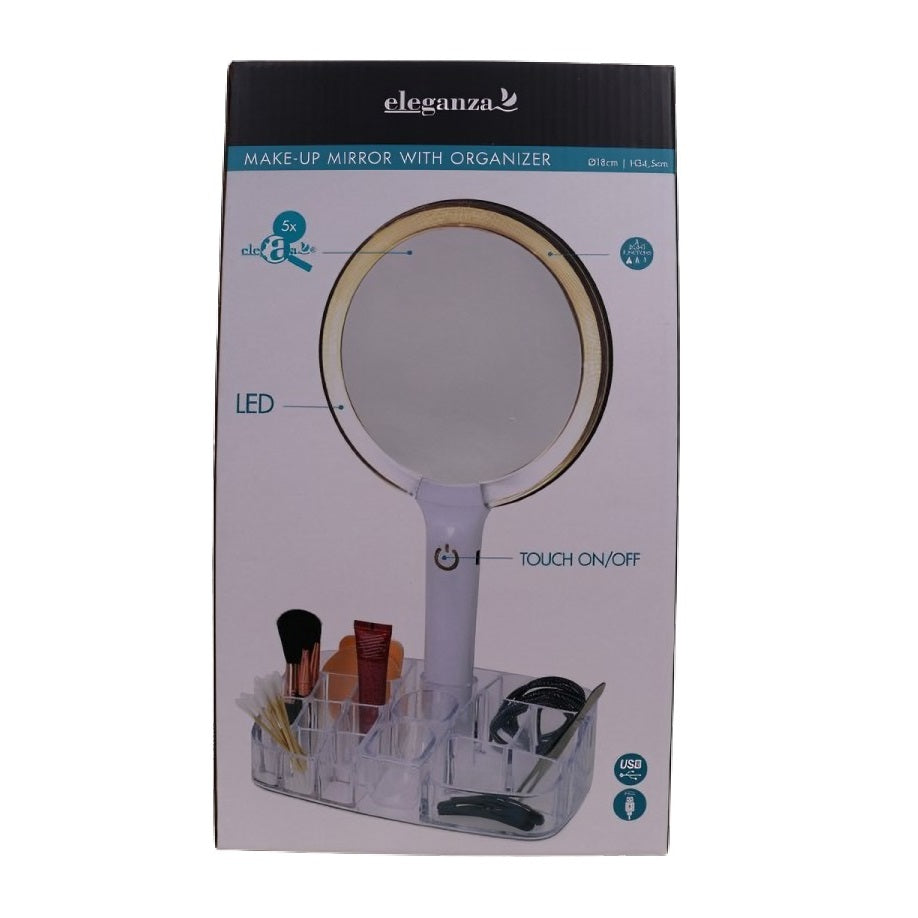 Eleganza Make Up Mirror with Organizer White 18cm x 34.5cm 488360 | LED Light | Touch On-Off | 3 Light Functions