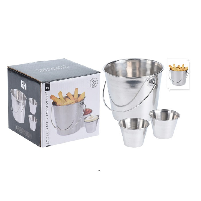 Excellent Houseware Fries Holder Bucket with Handle Plus 2 Sauce Pots Stainless Steel 049081