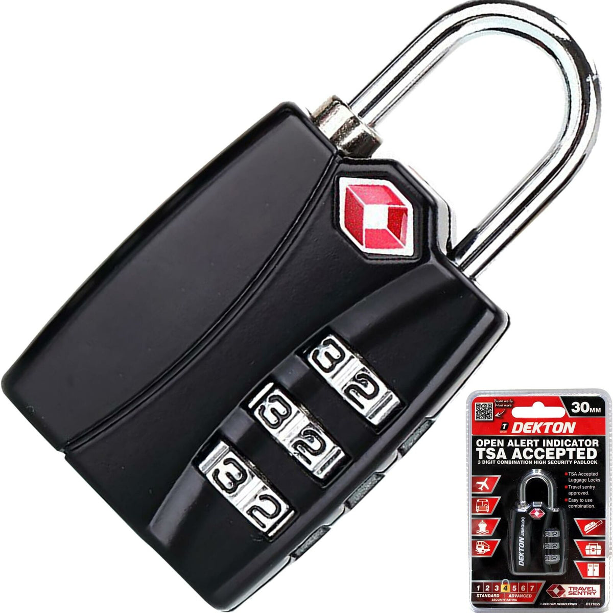 Dekton Open Alert Indicator TSA Accepted 3 Digit Combination High Security Padlock Black 30mm DT71055