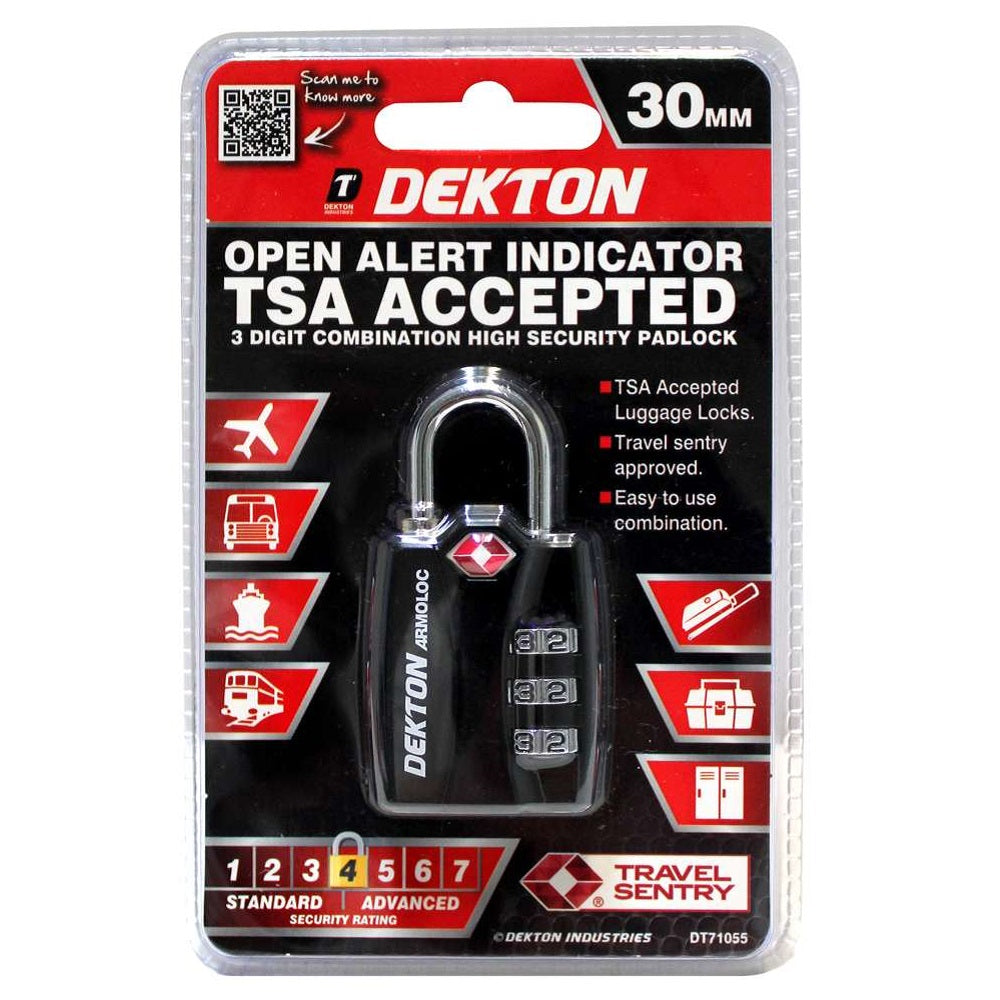 Dekton Open Alert Indicator TSA Accepted 3 Digit Combination High Security Padlock Black 30mm DT71055