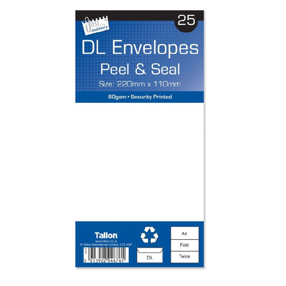 Tallon Just Stationery Peel and Seal DL Envelopes White 220mm x 110mm Pack of 2 54676-48 
