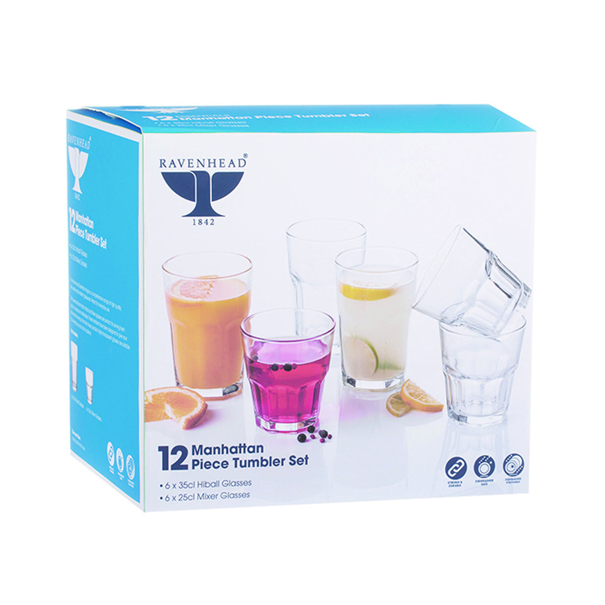 Ravenhead Manhattan Tumbler Set Clear 12-Piece 0040.058 | 6x 35cl Hiball Glasses | 6x 25cl Mixer Glasses | Strong and Durable
