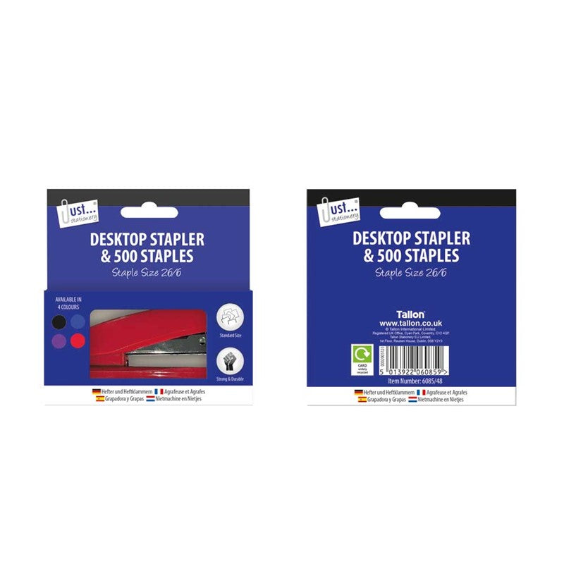 Tallon Just Stationery Desktop Stapler and 500 Staples Assorted Standard Size 26-6 6085-48