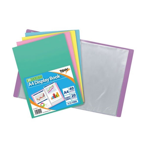 Tiger Stationery A4 20 Pocket Flexi Display Book Pastel Assorted Colours 302012 | 40 Micron Pockets | 20 Pockets - 40 to View | Copy Safe | Acid Free