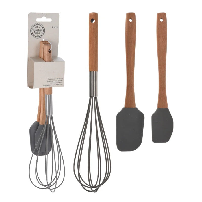Excellent Houseware Kitchen Utensils with Beechwood Handle Grey Pack of 3 153634