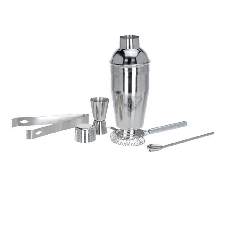Excellent Houseware Cocktail Shaker Set Stainless Steel 1 Shaker 21cm- 2lids - 500ml 1 Spoon- 18.5cm 1 measuring Cup - H8 x D0.5cm - 50ml 1 Ice Tong - 16.5cm 1 Strainer - 17.5cm x 90cm Pack of 5 130700