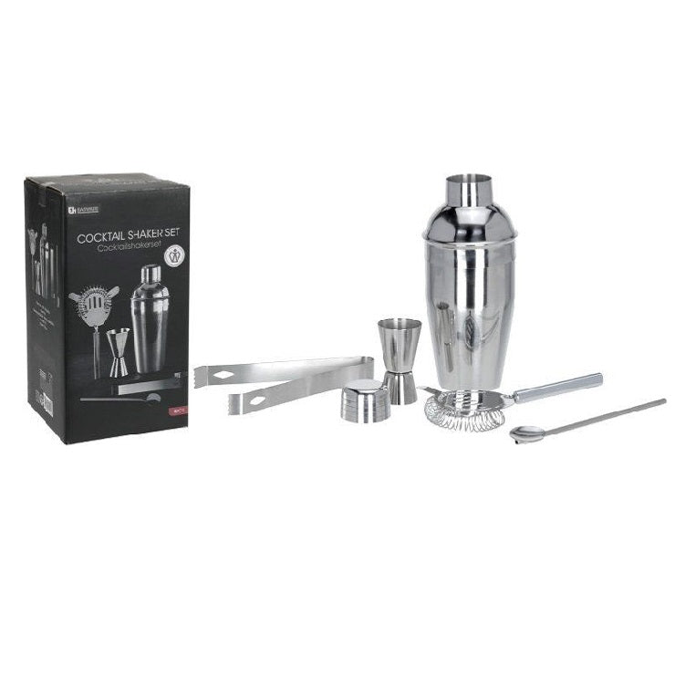 Excellent Houseware Cocktail Shaker Set Stainless Steel 1 Shaker 21cm- 2lids - 500ml 1 Spoon- 18.5cm 1 measuring Cup - H8 x D0.5cm - 50ml 1 Ice Tong - 16.5cm 1 Strainer - 17.5cm x 90cm Pack of 5 130700