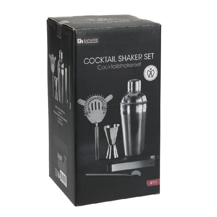 Excellent Houseware Cocktail Shaker Set Stainless Steel 1 Shaker 21cm- 2lids - 500ml 1 Spoon- 18.5cm 1 measuring Cup - H8 x D0.5cm - 50ml 1 Ice Tong - 16.5cm 1 Strainer - 17.5cm x 90cm Pack of 5 130700